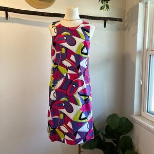 Vintage USA Bright Purple Green Mod Abstract Print Sleeveless Mini Dress Size 8